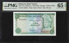 MALAYSIA. Bank Negara. 5 Ringgit, ND (1976). P-14a. KNB14b. PMG Gem Uncirculated 65 EPQ.
Serial number B/1 822951. Series 3.

MALAYSIA. Bank Negara...