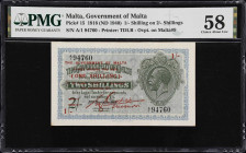 MALTA. Lot of (2). Government of Malta. 1 Shilling on 2 Shillings, 1918 (ND 1940). P-15. Consecutive. PMG Choice About Uncirculated 58.
Serial number...
