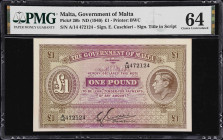 MALTA. Lot of (2). Government of Malta. 1 Pound, ND (1940). P-20b. PMG Choice Uncirculated 64.
PMG Comments "Minor Stain" on serial number A/2 911318...