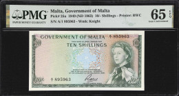 MALTA. Government of Malta. 10 Shillings, 1949 (ND 1963). P-25a. PMG Gem Uncirculated 65 EPQ.
Printed by BWC. Knight watermark.

Estimate: $300.00-...