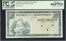 MARTINIQUE. Banque de la Martinique. 100 Francs, ND (1942). P-19s. Specimen. PCGS Currency Gem New 66 PPQ.
Specimen printed by ABNC, red specimen ove...