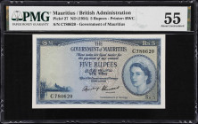 MAURITIUS. Government of Mauritius. 5 Rupees, ND (1954). P-27. PMG About Uncirculated 55.
PMG comments "Pinholes."

Estimate: $150.00- $250.00