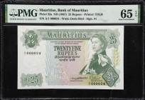 MAURITIUS. Bank of Mauritius. 25 Rupees, ND (1967). P-32a. Low Serial Number. PMG Gem Uncirculated 65.
Serial number A/1 000024. Printed by TDLR. Lov...