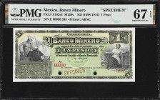 MEXICO. Banco Minero. 1 Peso, ND (1888-1914). P-S162s3. M130s. Specimen. PMG Superb Gem Uncirculated 67 EPQ.

Estimate: $200.00- $350.00