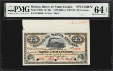MEXICO. Banco de Santa Eulalia. 25 Centavos, 1875. P-S189s. M161s. Specimen. PMG Choice Uncirculated 64 EPQ.
Specimen note printed by ABNC. Red speci...