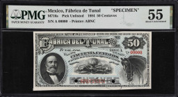 MEXICO. Fabrica de Tunal. 50 Centavos, 1884. P-Unlisted. M716s. Specimen. PMG About Uncirculated 55.

Estimate: $100.00- $200.00