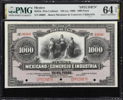 MEXICO. Banco Mexicano de Comercio e Industria. 1000 Pesos, ND (ca. 1900). P-Unlisted. M293s. Specimen. PMG Choice Uncirculated 64 EPQ.
Red specimen ...