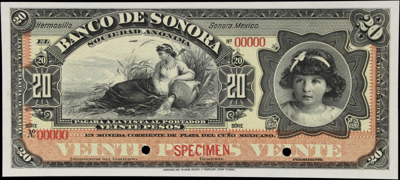 MEXICO. Banco de Sonora. 20 Pesos, ND (1897). P-S421s. Specimen. Uncirculated.
...