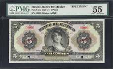 MEXICO. Lot of (2). Banco de Mexico. 5 & 20 Pesos, ND (1925-34). P-21s & 23s. Specimens. PMG About Uncirculated 55 & Choice Uncirculated 64 EPQ.
Lot ...