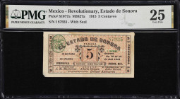 MEXICO--REVOLUTIONARY. Estado de Sonora. 5 Centavos, 1915. P-S1077a. M3827a. PMG Very Fine 25.
PMG Comments "Previously Mounted."

Estimate: $20.00...