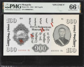 MONGOLIA. Peoples Republic of Mongolia. 100 Tugrik, 1941. P-27s. Specimen. PMG Gem Uncirculated 66 EPQ.
Red specimen overprints, Sukhe Battar on the ...