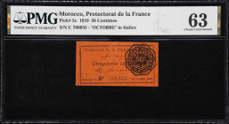MOROCCO. Protectorat de la France au Maroc. 50 Centimes, 1919. P-5c. PMG Choice Uncirculated 63.
Good color on this example with "Octobre" in italics...