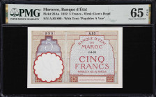 MOROCCO. Banque d'Etat du Maroc. 5 Francs, 1922. P-23Aa. PMG Gem Uncirculated 65 EPQ.

Estimate: $100.00- $200.00