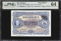 MOZAMBIQUE. Banco Nacional Ultramarino. 2 1/2 Escudos, 1941. P-82s. BNU MZ85sp. Specimen. PMG Choice Uncirculated 64.
Ornate designs and lovely color...