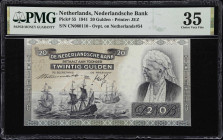 NETHERLANDS. Nederlandsche Bank. 20 Gulden, 1941. P-55. PMG Choice Very Fine 35.
Overprint on Netherlands P-54.

Estimate: $100.00- $200.00