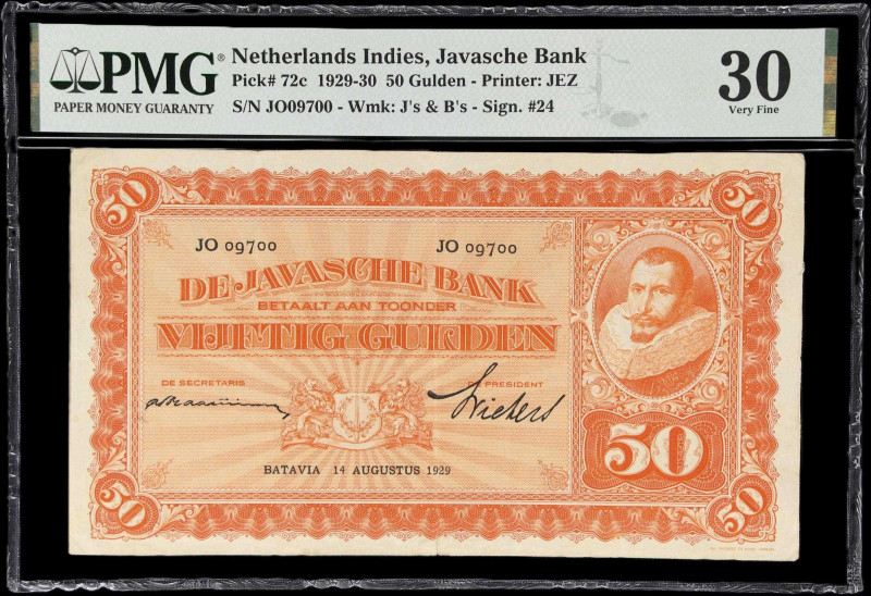 NETHERLANDS INDIES. Javasche Bank. 50 Gulden, 1929. P-72c. PMG Very Fine 30.
PM...