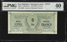 NEW HEBRIDES. Services Nationaux Francais des Nouvelles Hebrides. 5 Francs, ND (1943). P-1. SB1701a-b. PMG Extremely Fine 40.
PMG Comments "Ink."

...
