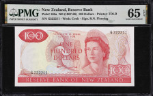 NEW ZEALAND. Reserve Bank of New Zealand. 100 Dollars, ND (1967-68). P-168a. PMG Gem Uncirculated 65 EPQ.
Printed by TDLR. Queen Elizabeth II on fron...