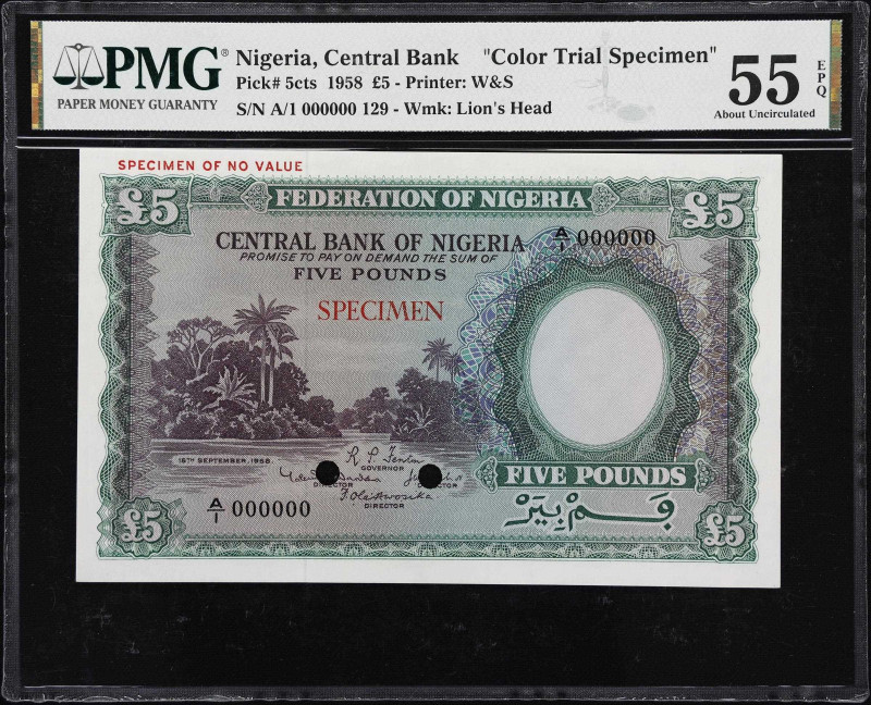 NIGERIA. Central Bank of Nigeria. 5 Pounds, 1958. P-5cts. Color Trial Specimen. ...