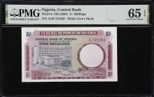 NIGERIA. Lot of (2). Central Bank of Nigeria. 5 & 10 Shillings, ND (1967-68). P-6 & 11a. PMG Choice About Uncirculated 58 & Gem Uncirculated 65 EPQ.
...