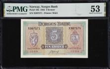 NORWAY. Norges Bank. 5 Kroner, 1944. P-19b. PMG About Uncirculated 53.
Printed by W&S. Coat of arms at left with counter at the center within a guill...