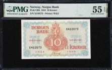 NORWAY. Norges Bank. 10 Kroner, 1944. P-20b. PMG About Uncirculated 55 EPQ.
Colorful 1944 10 Kroner printed by Waterlow and Sons. Great eye appeal.
...