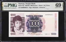 NORWAY. Norges Bank. 1000 Kroner, 1989. P-45a. PMG Superb Gem Uncirculated 69 EPQ.
Skanland-Johansen signature combination. Christian Magnus Falsen a...