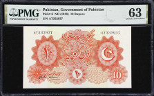 PAKISTAN. Government of Pakistan. 10 Rupees, ND (1948). P-6. PMG Choice Uncirculated 63.
Second highest denomination of the crescent moon and star se...