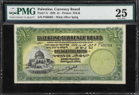 PALESTINE. Palestine Currency Board. 1 Pound, 1939. P-7c. PMG Very Fine 25.
Printed by TDLR. Watermark of olive sprig. April 20th, 1939. Jerusalem. G...