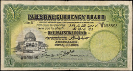 PALESTINE. Palestine Currency Board. 1 Palestine Pound, 1939. P-7c. Fine.
Printed by TDLR. April 20th, 1939. Jerusalem. Green with Dome of the Rock a...