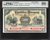 PARAGUAY. Caja de Conversion. 500 Pesos, 1907. P-124s. MP#MS.81. Specimen. PMG Gem Uncirculated 66 EPQ.
Bold colors on this ABNC printed specimen. Th...