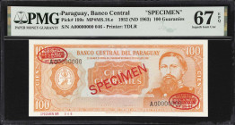 PARAGUAY. Lot of (2). Banco Central del Paraguay. 100 & 10,000 Guaranies, 1952 (ND 1953). P-199s & 203s. Specimen. PMG Superb Gem Uncirculated 67 EPQ ...