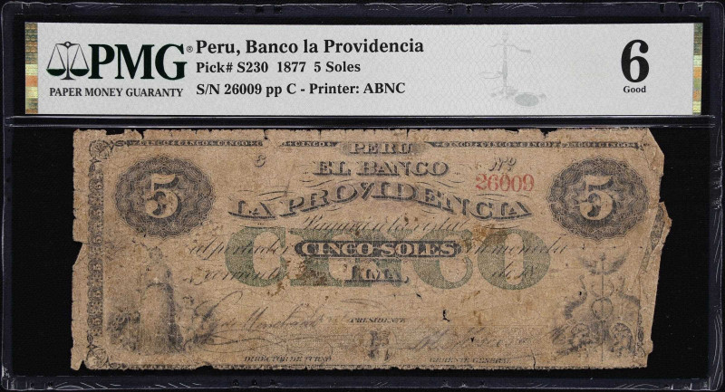 PERU. Banco la Providencia. 5 Soles, 1877. P-S230. PMG Good 6.

Estimate: $100...