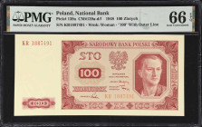 POLAND. Narodowy Bank Polski. 100 Zlotych, 1948. P-139a. CM#139f. PMG Gem Uncirculated 66 EPQ.
Appealing post-war Polish note with KR prefix, "100" w...