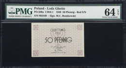 POLAND. Lot of (3). Lodz Ghetto. 50 Pfenning, 1 & 5 Marks, 1940. P-PO-560a, PO-561b & PO-563a. CM#L1, SB1002, & SB1004. PMG Choice Uncirculated 64 & C...