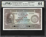 PORTUGUESE GUINEA. Banco Nacional Ultramarino. 500 Escudos, 1964. P-42s. BNU PG54a. Specimen. PMG Choice Uncirculated 64.
BWC printed specimen with J...