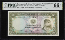 PORTUGUESE GUINEA. Lot of (3). Banco Nacional Ultramarino. 50 & 100 Escudos, 1971. P-44a & 45a. PMG Choice Uncirculated 64 & Gem Uncirculated 66 EPQ....