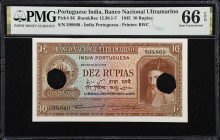 PORTUGUESE INDIA. Banco Nacional Ultramarino. 10 Rupias, 1945. P-36. Jhun&Rez 12.30.1-7. PMG Gem Uncirculated 66 EPQ.
PMG Comments "Hole Cancelled."...