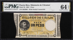 PUERTO RICO. Ministerio de Ultramar. 1 Peso, 1895. P-7b. PMG Choice Uncirculated 64 EPQ.
Partial counterfoils at left and right variation, coat of ar...