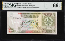 QATAR. Qatar Central Bank. 100 Riyals, ND (1996). P-18. PMG Gem Uncirculated 66 EPQ.
Multicolored obverse with coat of arms at right and Qatar Centra...