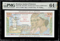 REUNION. Institut d'Emission des Departements d'Outre-Mer. 10 Nouveaux Francs on 500 Francs, ND (1971). P-54b. PMG Choice Uncirculated 64 EPQ.

Esti...