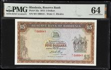 RHODESIA. Reserve Bank of Rhodesia. 5 Dollars, 1972. P-32a. PMG Choice Uncirculated 64.

Estimate: $75.00- $125.00