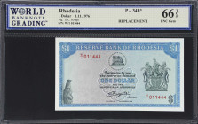 RHODESIA. Reserve Bank of Rhodesia. 1 Dollar, 1976. P-34b*. Replacement. WBG Gem Uncirculated 66 TOP.

Estimate: $50.00- $100.00