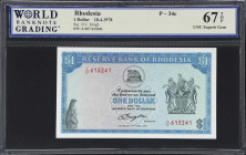 RHODESIA. Reserve Bank of Rhodesia. 1 Dollar, 1978. P-34c. WBG Superb Gem Uncirculated 67 TOP.

Estimate: $75.00- $125.00