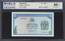 RHODESIA. Reserve Bank of Rhodesia. 1 Dollar, 1978. P-34c*. Replacement. WBG Gem Uncirculated 66 TOP.

Estimate: $75.00- $125.00