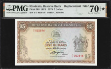 RHODESIA. Reserve Bank of Rhodesia. 5 Dollars, 1978. P-36b*. RC3. Replacement. PMG Perfect Seventy Uncirculated 70 EPQ.
Multicolored underprint on th...