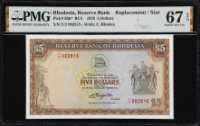 RHODESIA. Reserve Bank of Rhodesia. 5 Dollars, 1978. P-36b*. RC3. Replacement. PMG Superb Gem Uncirculated 67 EPQ.

Estimate: $150.00- $250.00