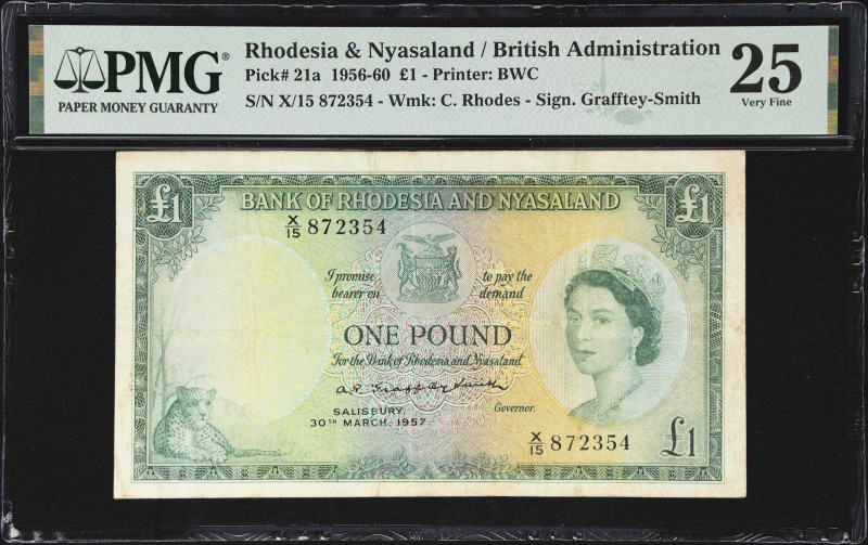 RHODESIA & NYASALAND. Bank of Rhodesia and Nyasaland. 1 Pound, 1957. P-21a. PMG ...