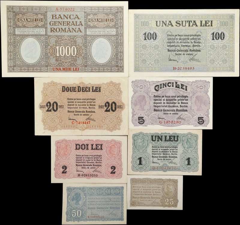 ROMANIA. Lot of (8). Banca Generala Romana. 25 Bani to 1000 Lei, ND (1917). P-M1...