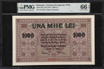 ROMANIA. Banca Generala Romana. 1000 Lei, ND (1917). P-M8. PMG Gem Uncirculated 66 EPQ.
A gem uncirculated German Occupation Note from Romania with a...